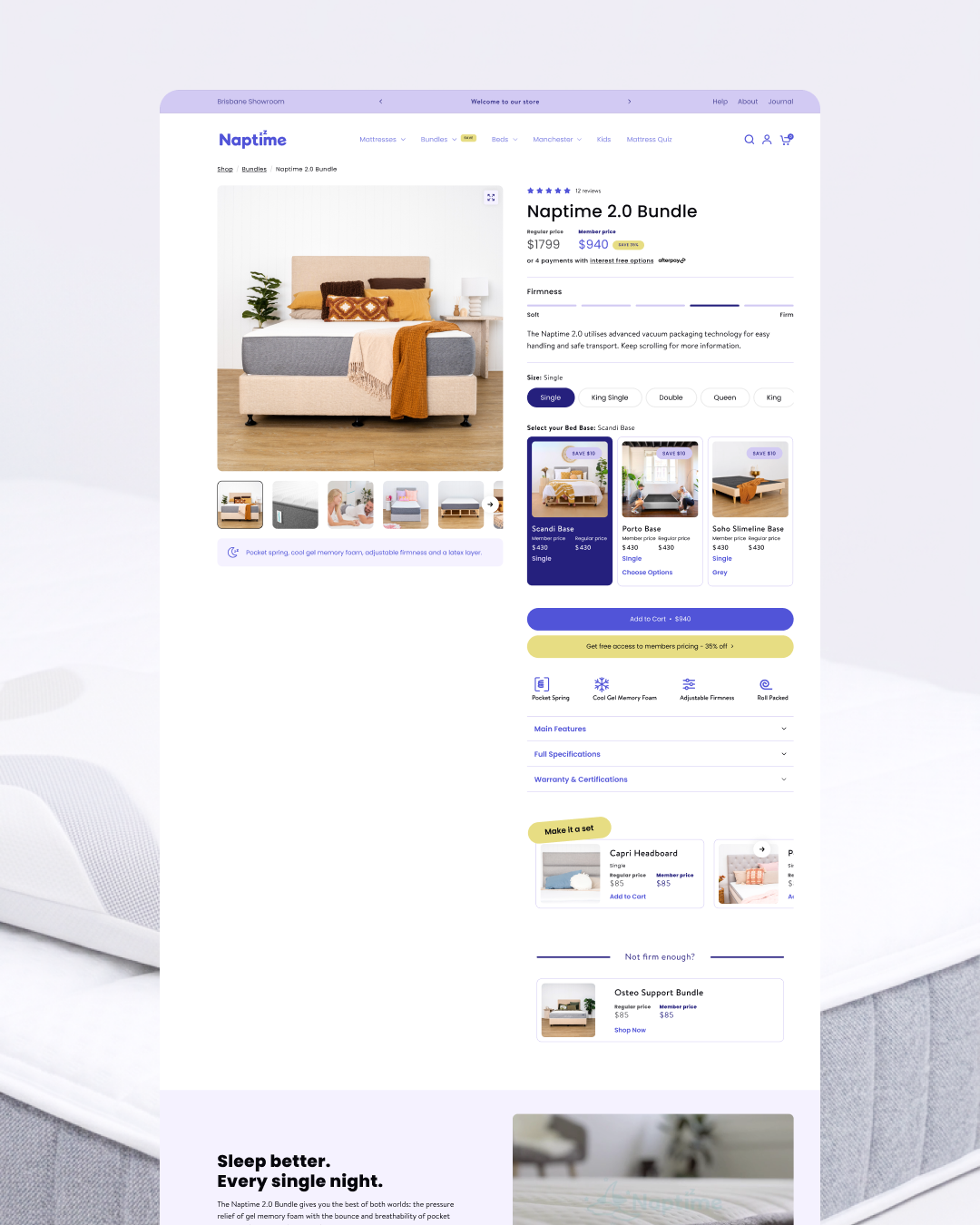 Online store page for 'Naptime' with a bed product and navigation menu.