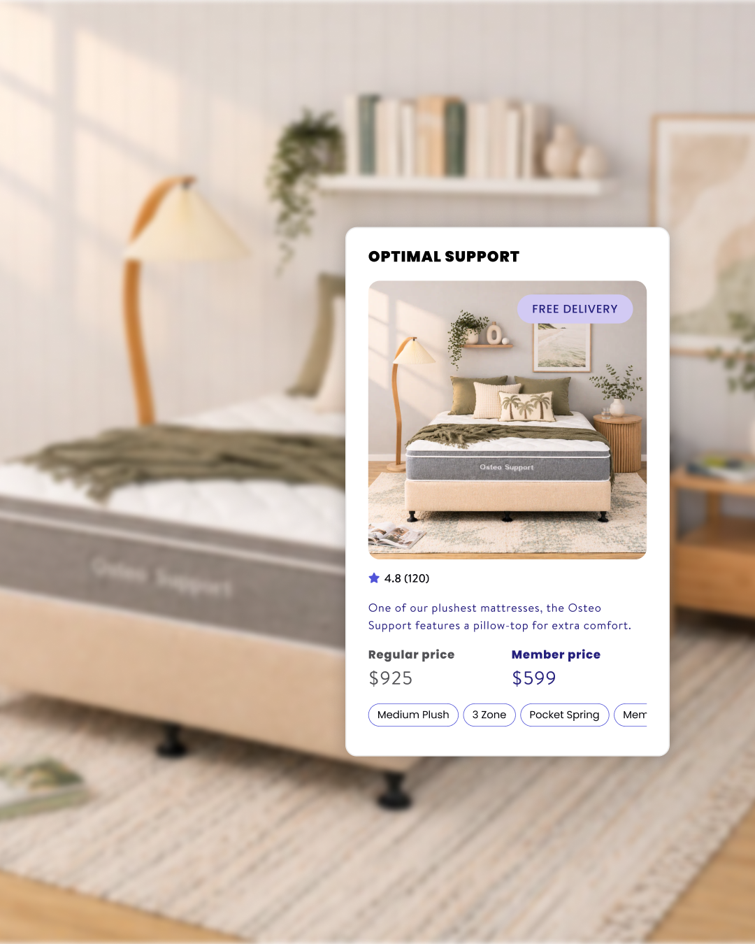 Mattress with promotional overlay in a bedroom setting